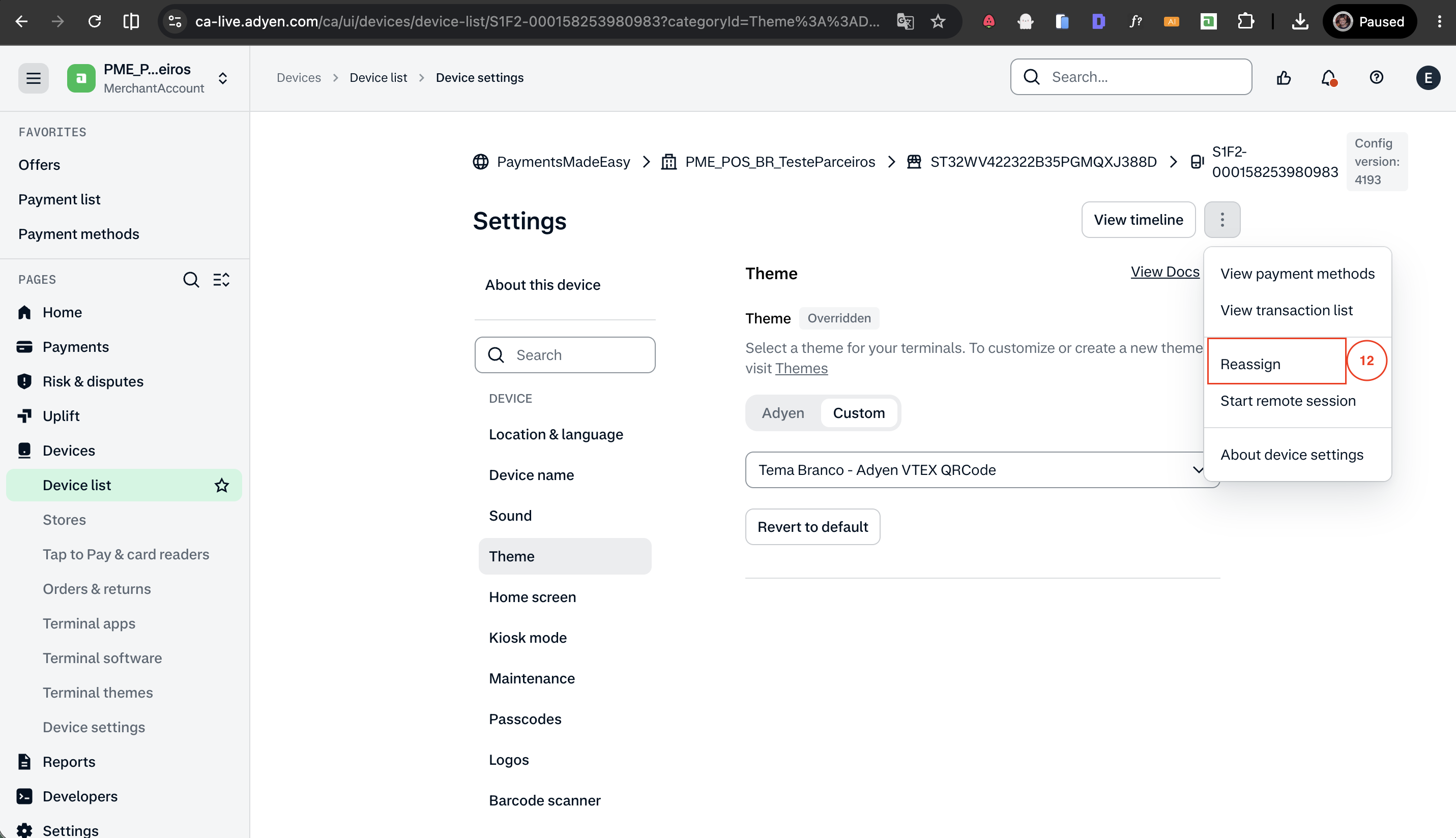 Fazendo o Reassign do terminal para enviar o novo tema
