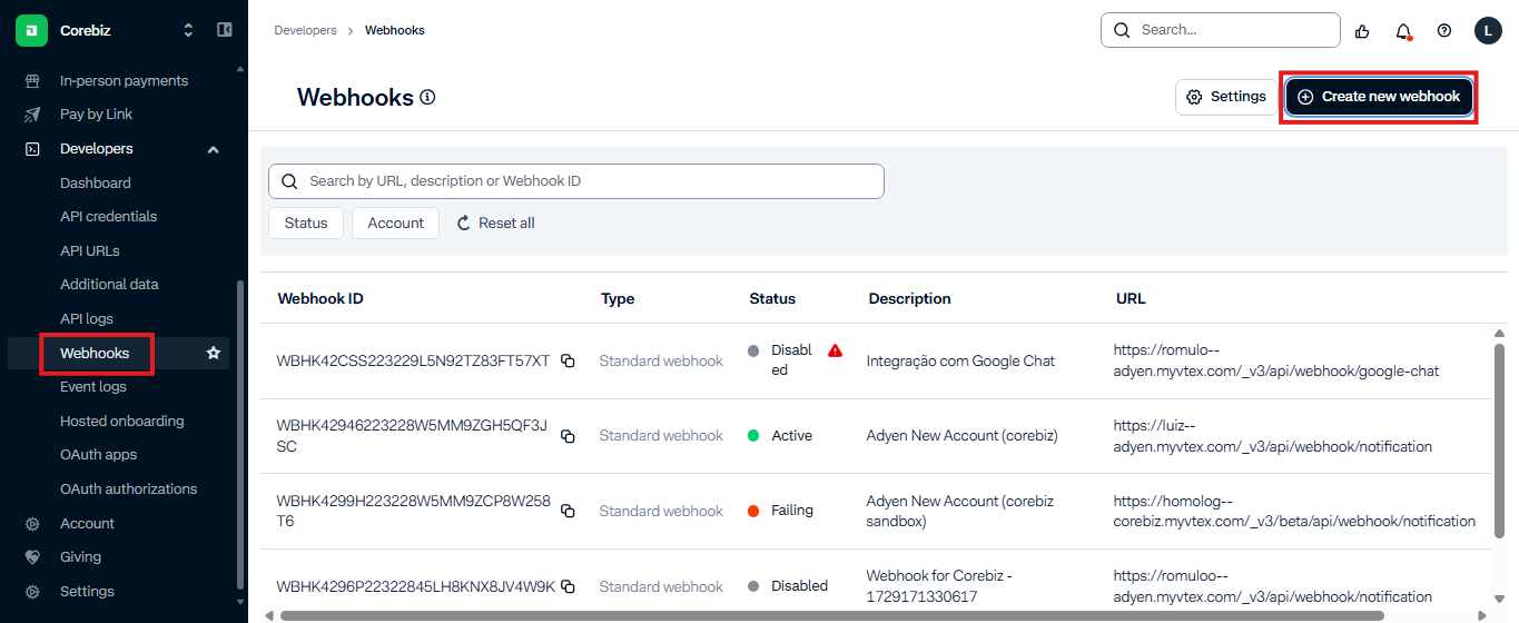 Create new webhook